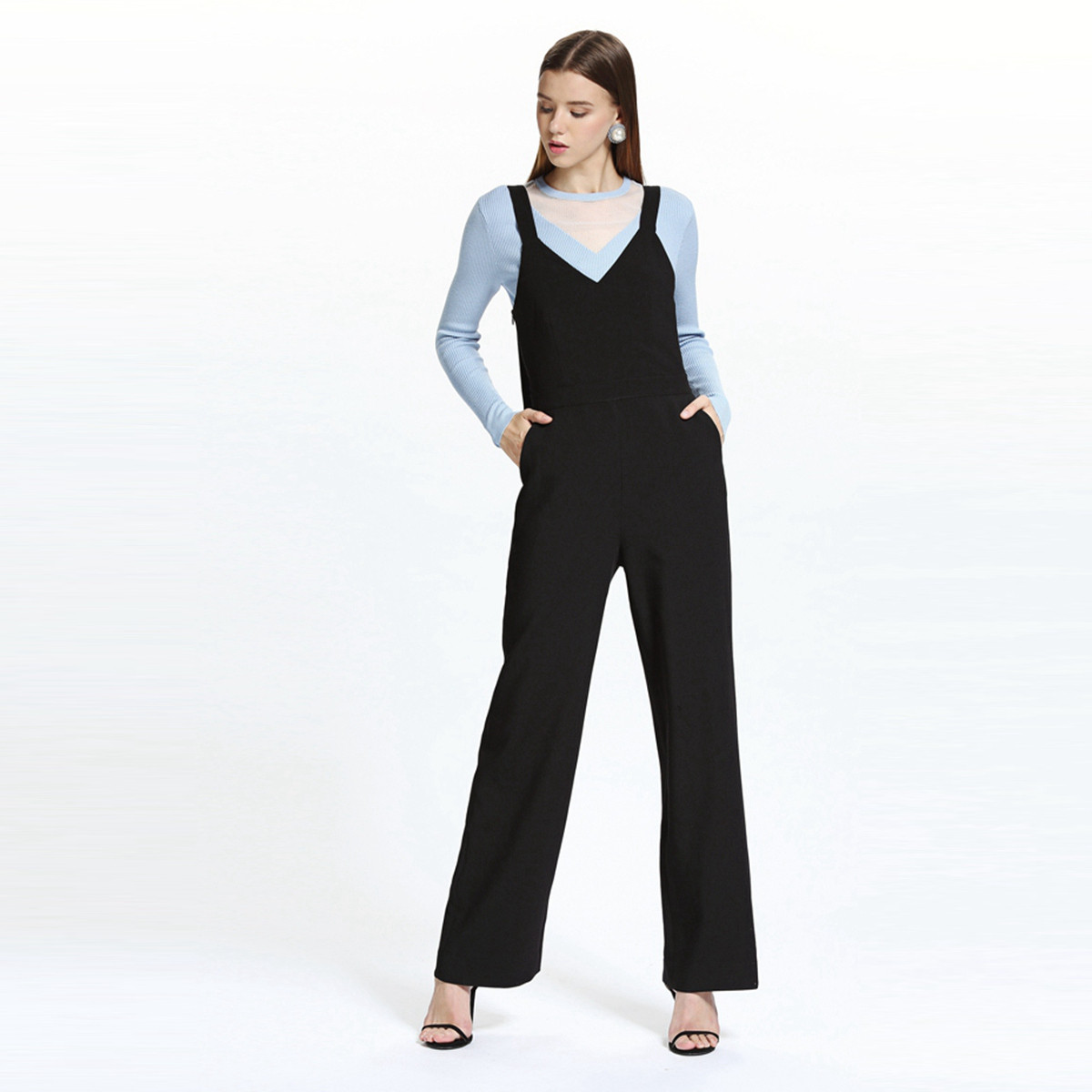 ochirly欧时力新女秋装简约纯色v领吊带连体裤长裤1gz3062090