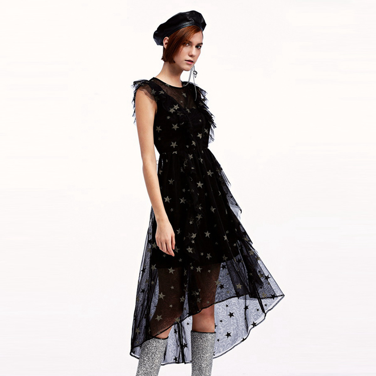 ochirly欧时力春秋装荷叶星星刺绣网纱仙女裙连衣裙女1gy3081780