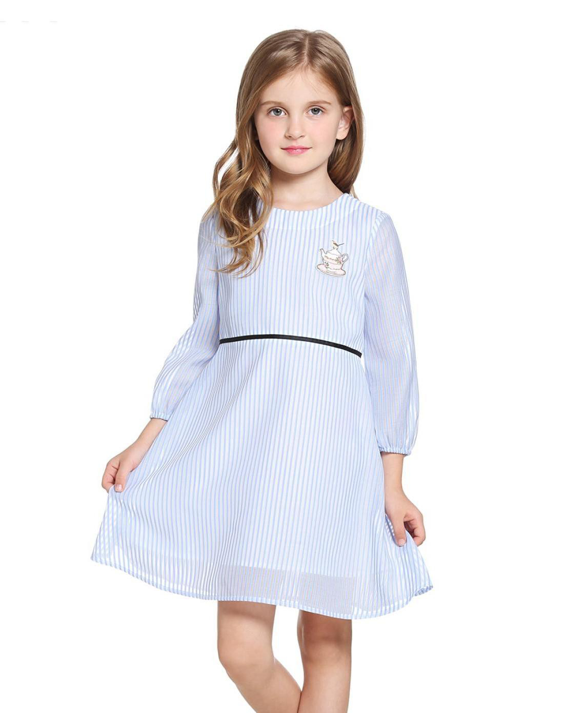 ochirly kids欧时力童装女童印花条纹长袖连衣裙2017新款印花条纹