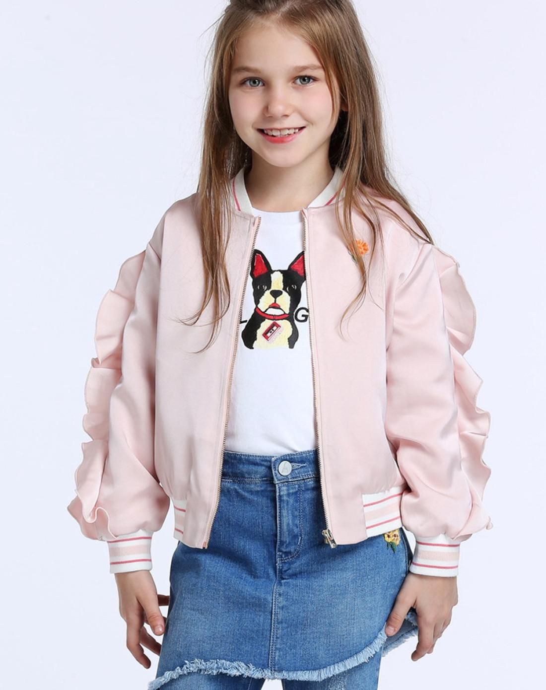 ochirly kids欧时力童装女童拼荷叶褶长袖棒球外套2018新款拼荷叶褶