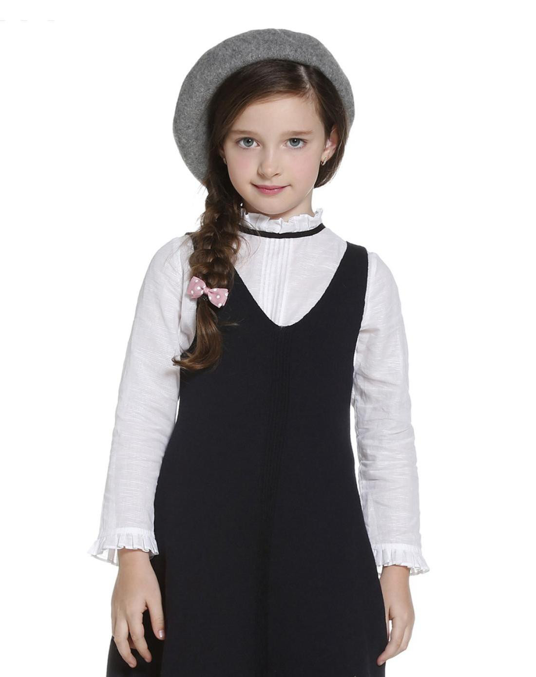 ochirly kids欧时力童装女童棉麻荷叶领长袖衬衫2016新款荷叶立领绑带