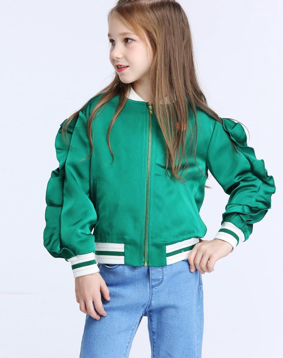 ochirly kids欧时力童装女童拼荷叶褶长袖棒球外套2018新款拼荷叶褶