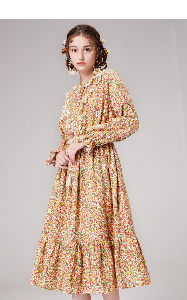 菀草壹 法式长款连衣裙女设计感2021秋冬新款复古收腰长袖碎花裙