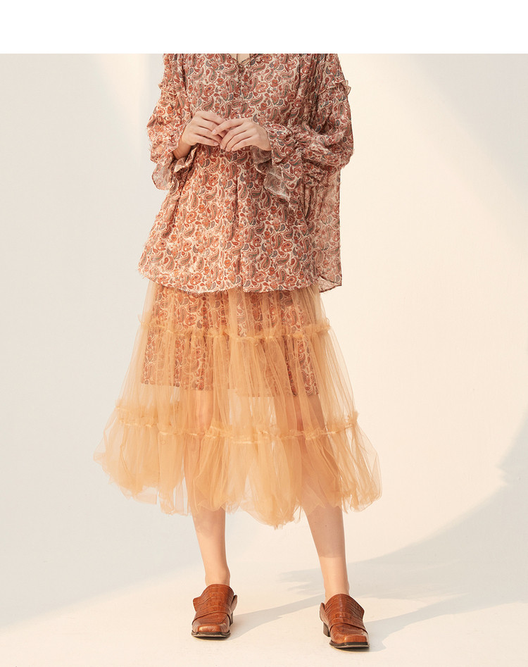 菀草壹秋装新款复古印花长款a字半身裙气质休闲网纱裙女士