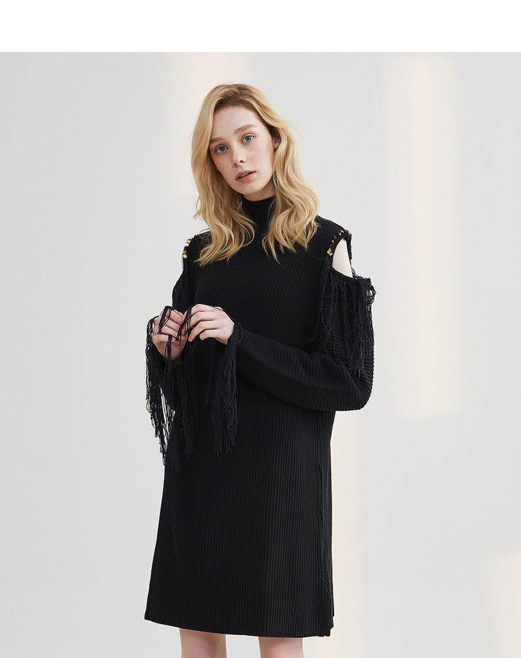 菀草壹wcy2020春装新款黑色流苏羊毛针织衫裙韩版中长款连衣裙女