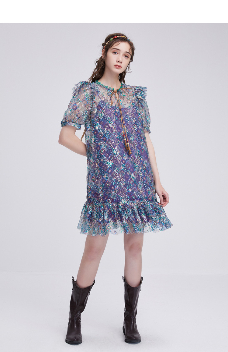 菀草壹蕾丝连衣裙女夏季2021新款时尚气质法式设计感荷叶边碎花裙