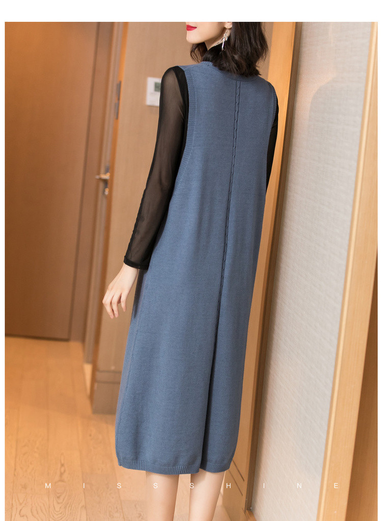 米思阳秋季休闲纯色直筒裙无袖v领中长款连衣裙复古风
