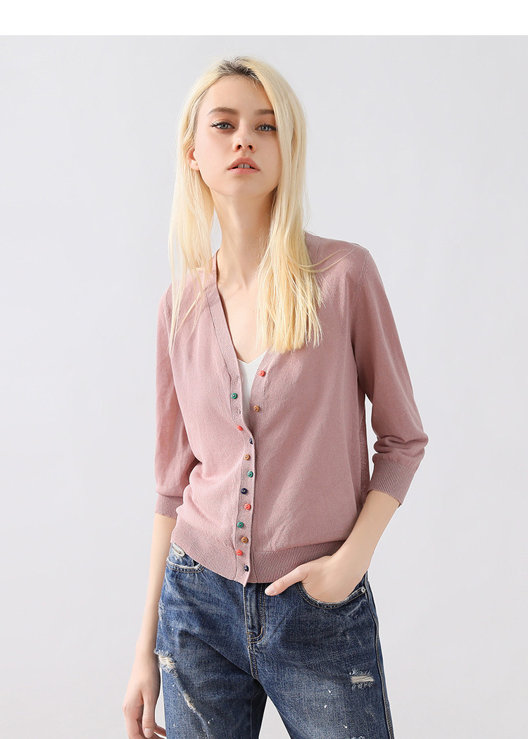 错位彩色扣子针织开衫长袖轻薄小开衫空调衫