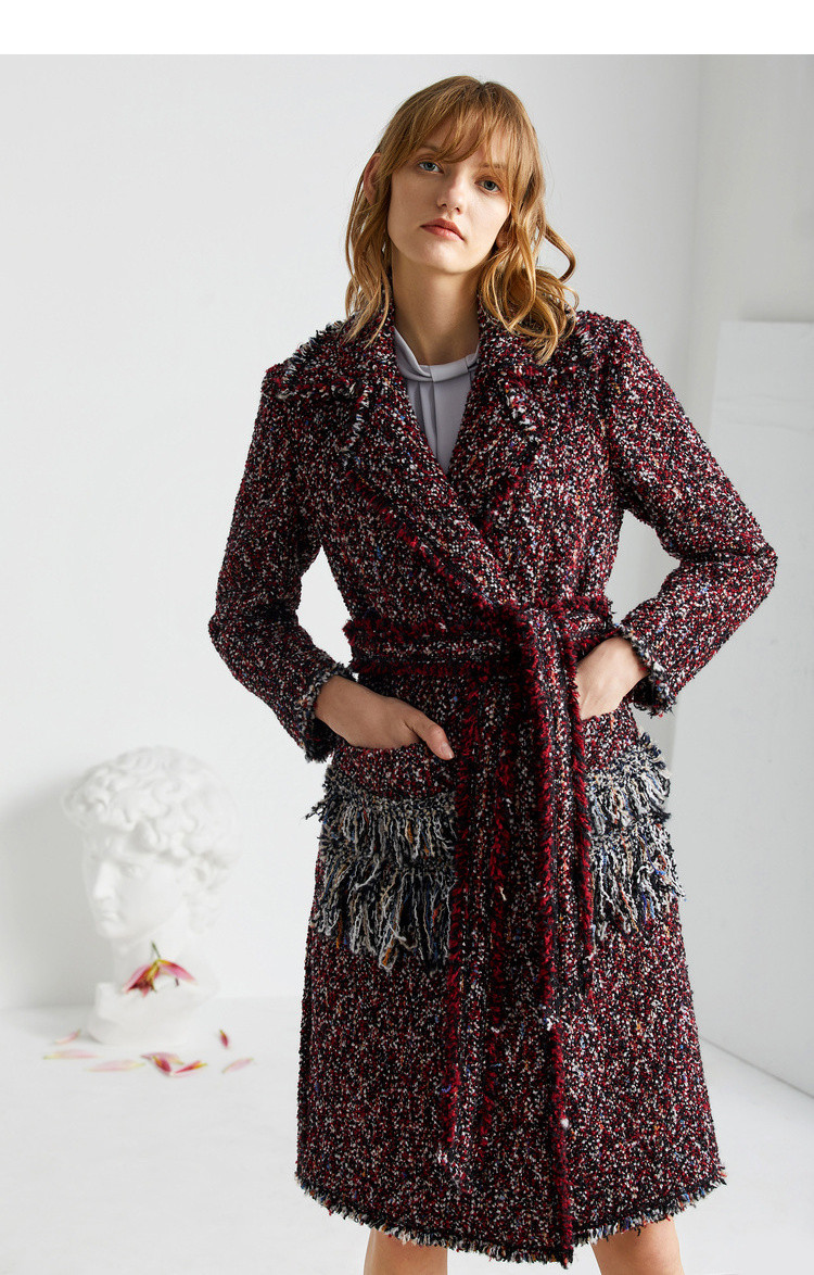 影儿恩裳2019冬季新款时尚流苏粗花呢大衣宽松毛呢外套女中长款