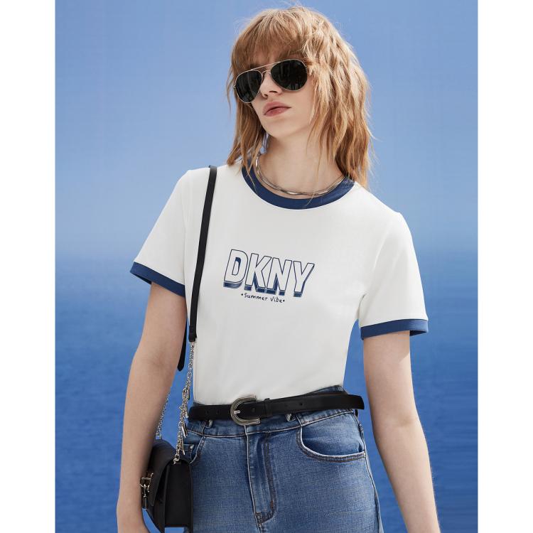 Dkny 【自由航海家】撞色立体logo印花短袖女式t恤2024春夏 In White
