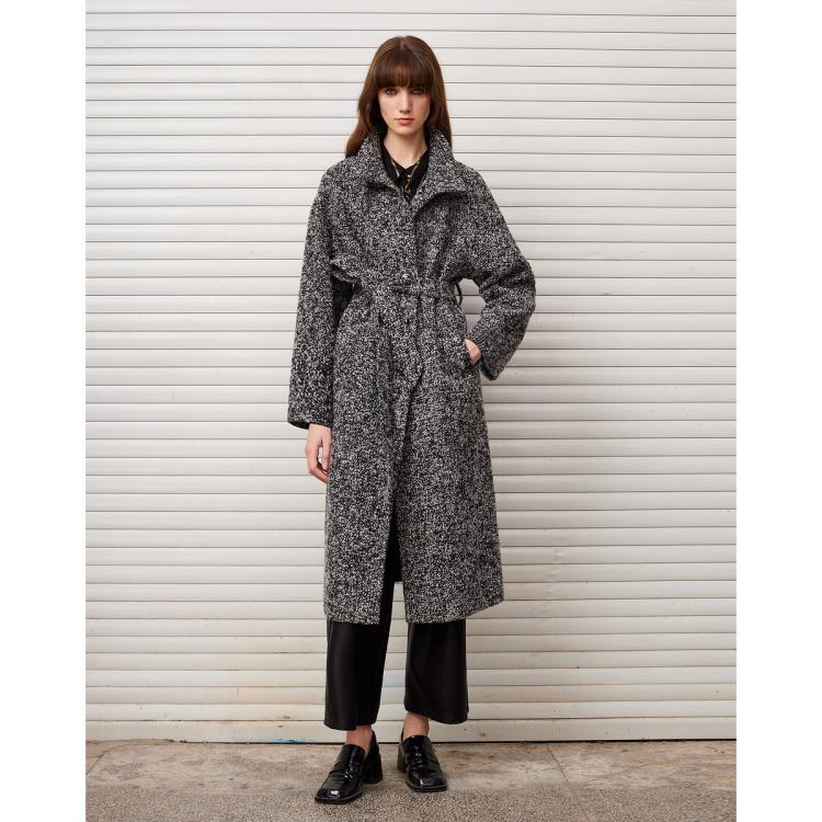 Dkny 【含绵羊毛】颗粒感高级灰翻领 腰带长款女式大衣2024秋冬 In Gray