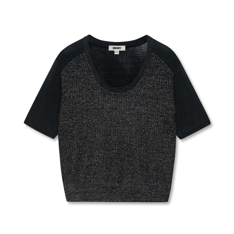 Dkny 【立体麻花领】银丝亮闪圆领短袖套头女士针织衫2025夏季