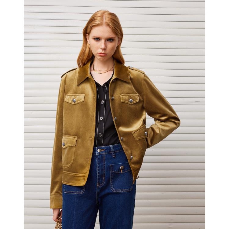 Dkny 【光泽感丝绒】翻盖口袋小翻领女式夹克外套2024秋季 In Yellow