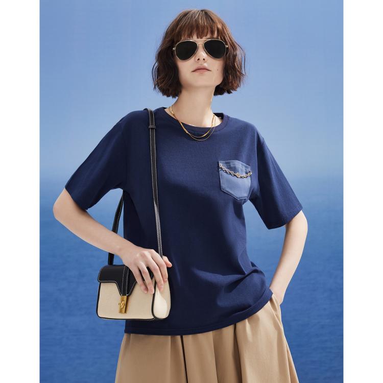 Dkny 【简约都市】缎面口袋链条设计女式短袖t恤2024春夏 In Blue
