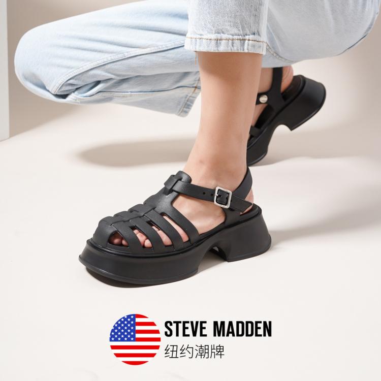 Steve Madden 思美登女鞋甜酷镂空厚底松糕罗马凉鞋猪笼鞋女 Gri In Black