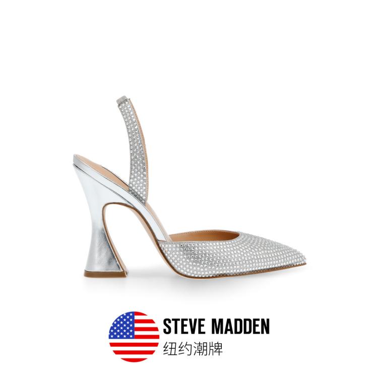 Steve Madden 思美登春夏季女鞋尖头闪钻浅口粗跟后空高跟鞋女 Zira In White