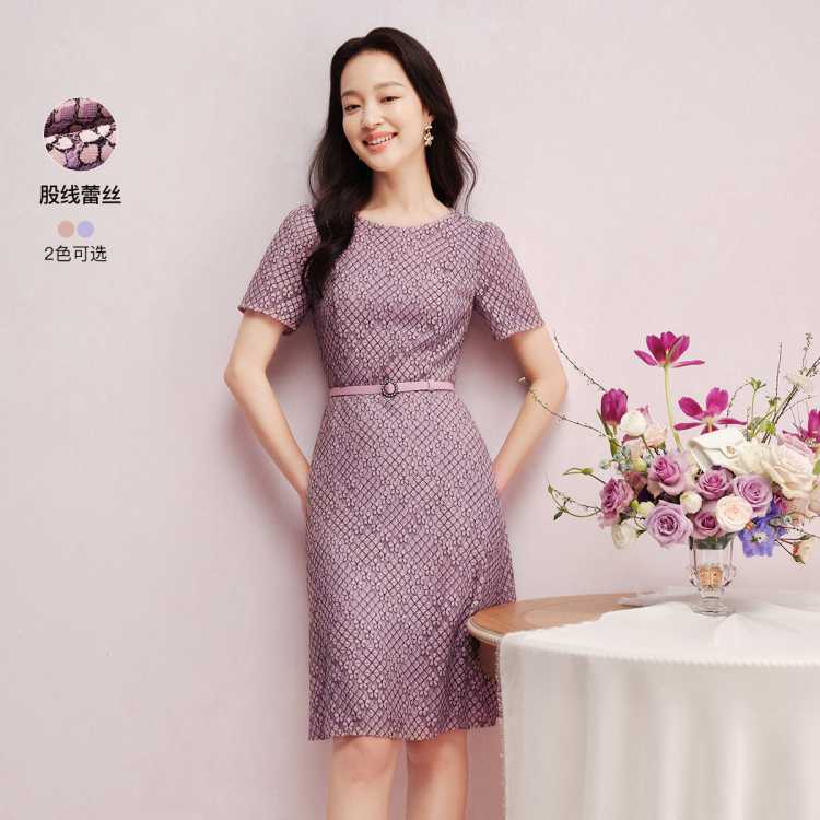 珂莱蒂尔 优雅蕾丝短袖收腰时尚小众时尚连衣裙裙子女
