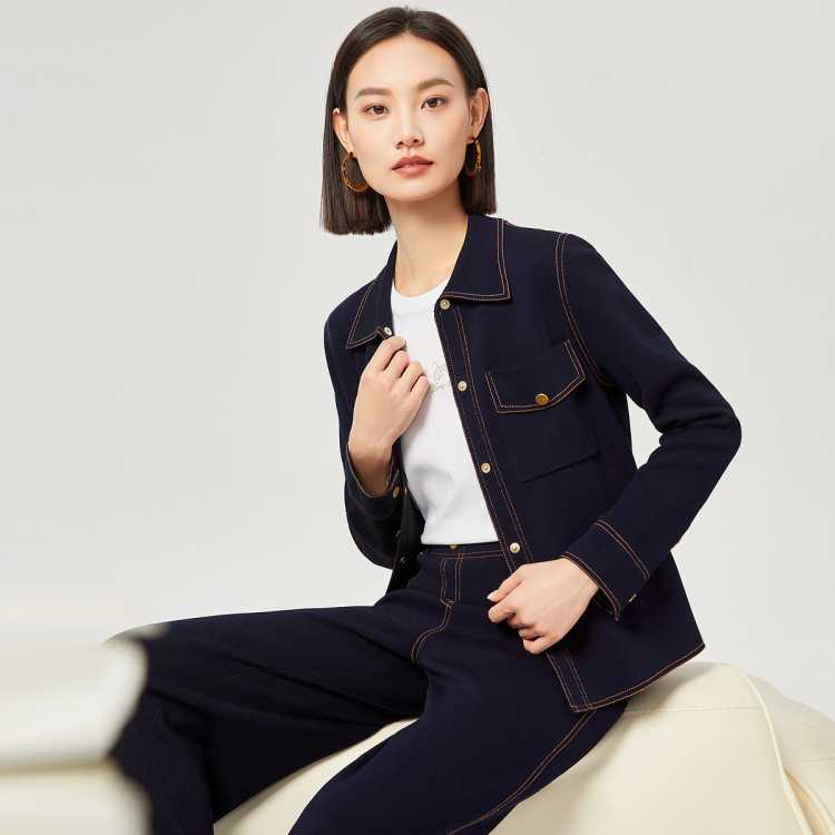 娜尔思 秋季仿牛仔针织开衫女简约百搭修身显瘦上衣外套