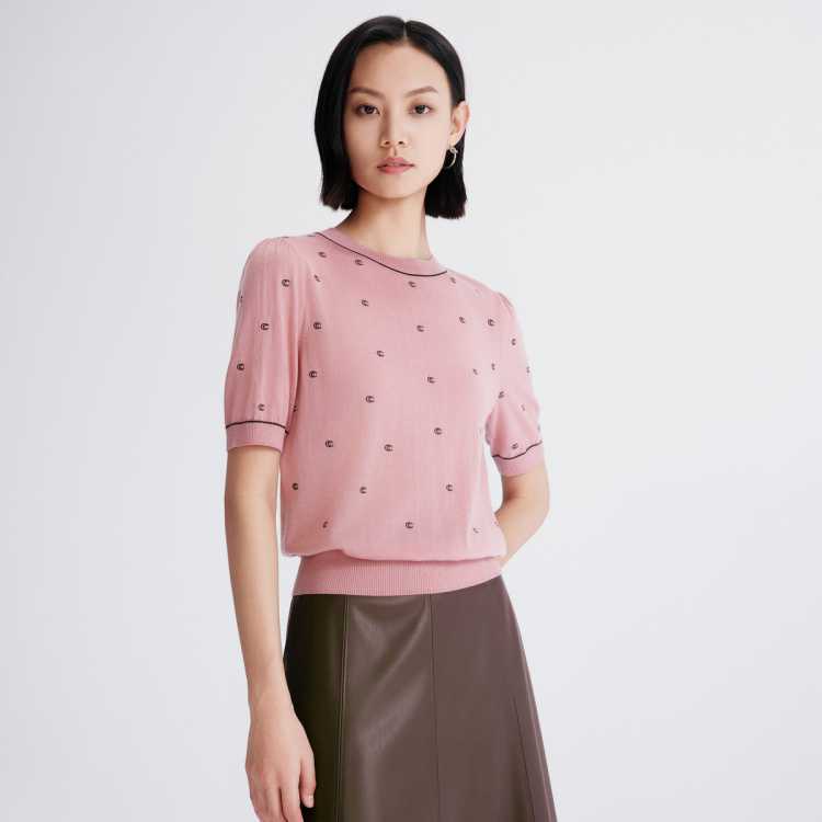 卡迪黛尔 羊毛高级感短袖圆领品牌提花甜美风微弹针织衫夏款女
