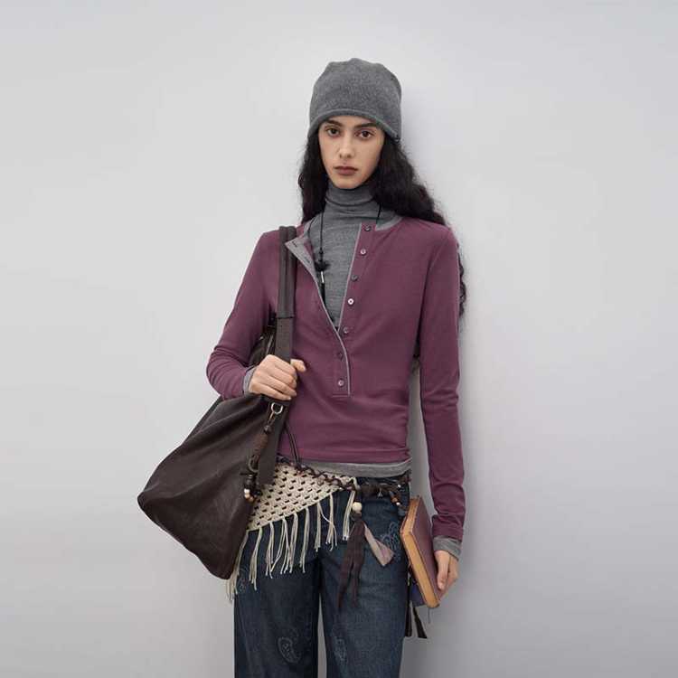 半圆 原创设计女装[运动]2026春秋季长袖上衣修身假两件T恤女