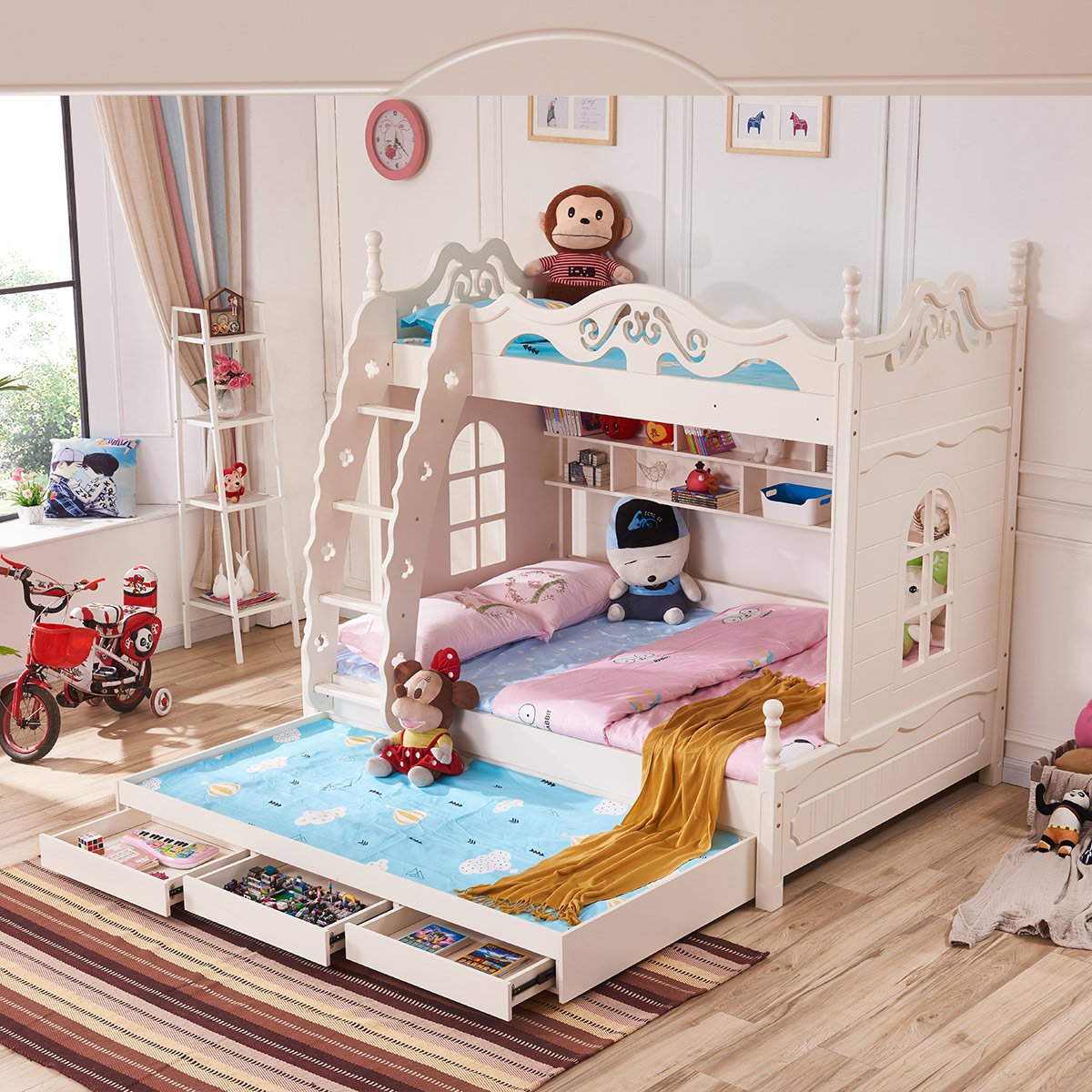 儿童床 女孩公主高低床双层床成人多功能上下床韩式田园家具白色字母