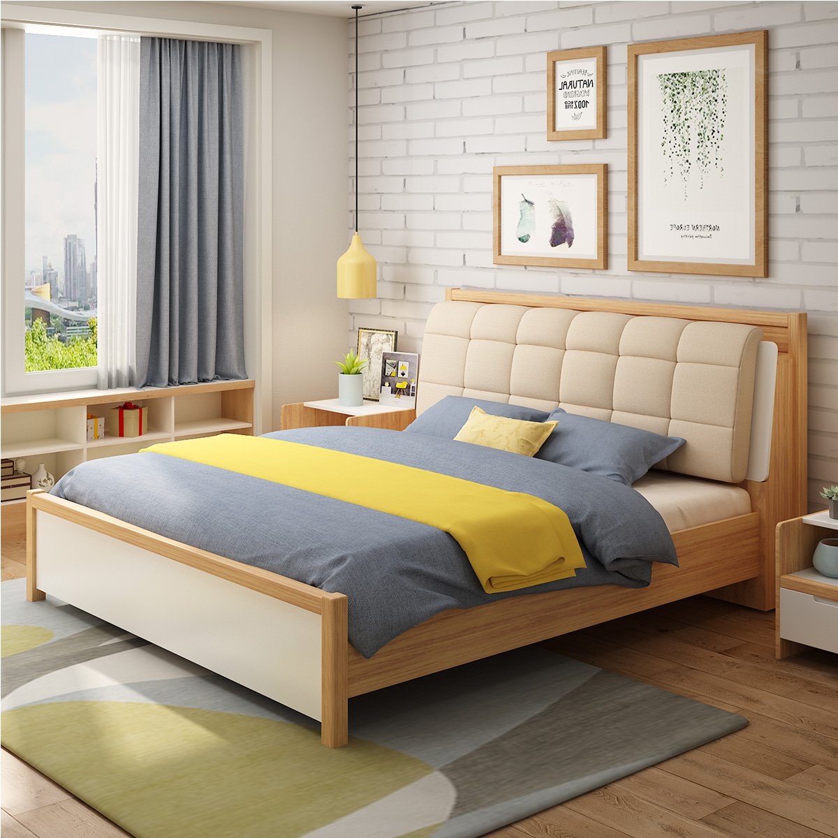 板式现代简约储物双人床实木床