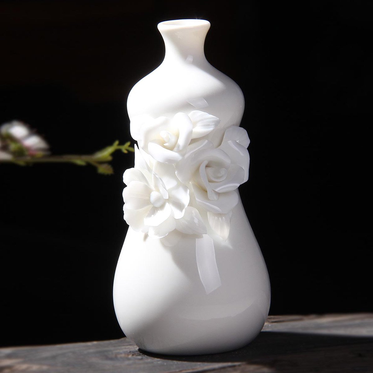 德化白瓷手工雕花花瓶花艺干花仿真花假花小花插办公室家居客厅玄关