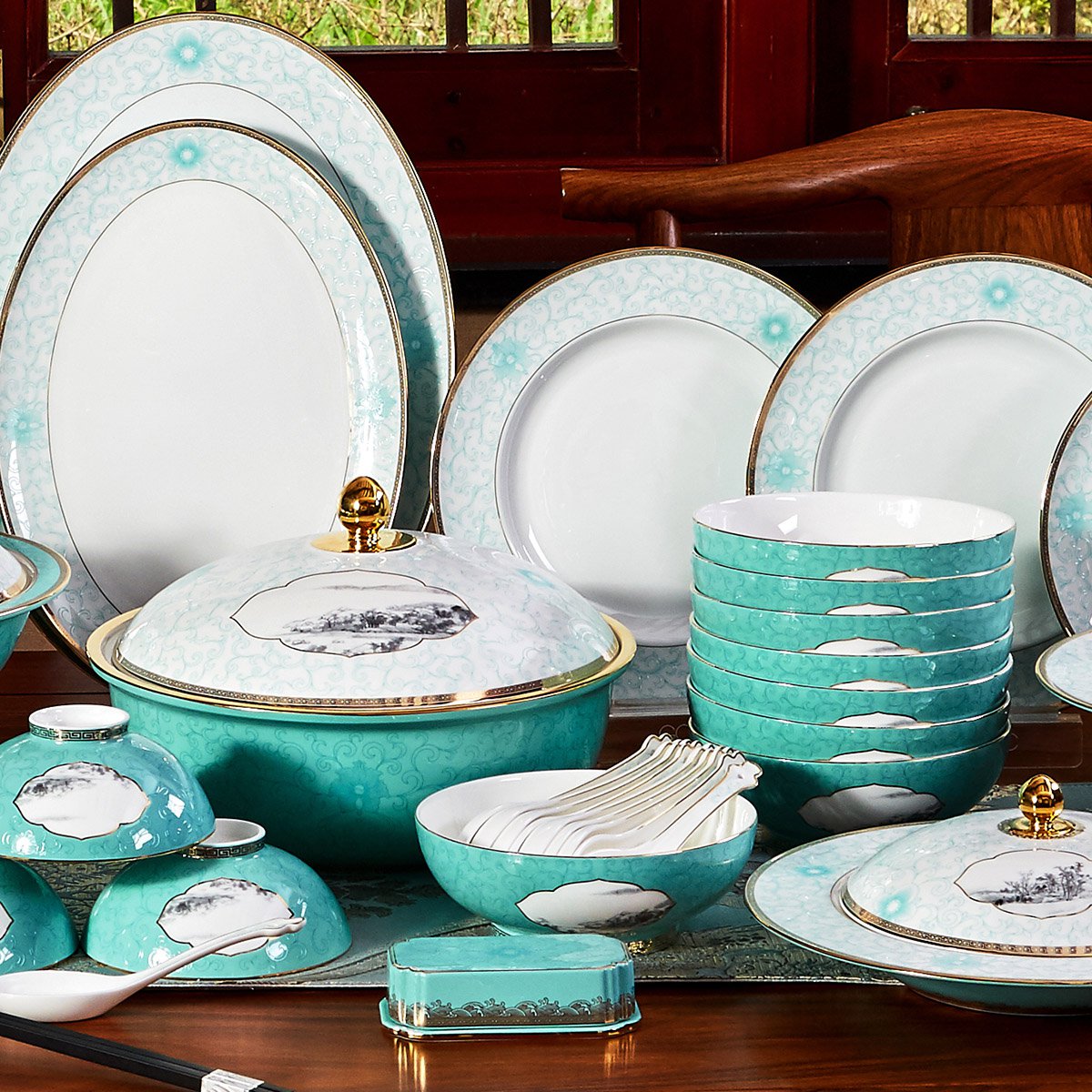 玉泉陶瓷餐具官方旗舰店 雁栖湖家庭装 高淳陶瓷 骨瓷餐具套装家庭装