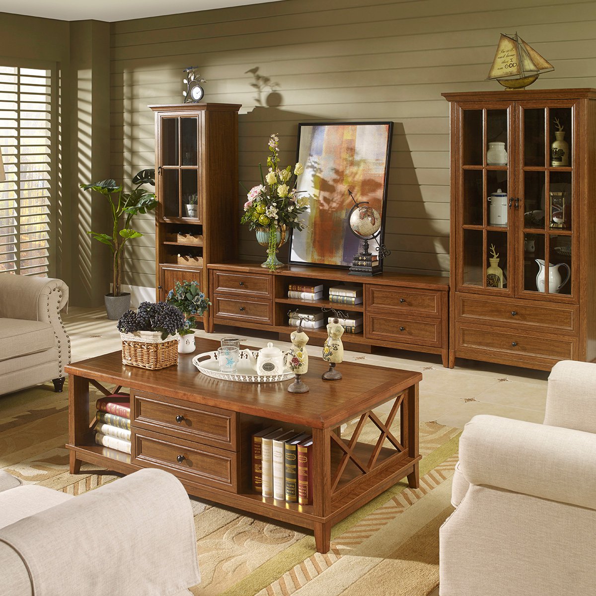 欧瑞家具迦南美地电视柜 美式乡村水曲柳客厅家具组合电视柜
