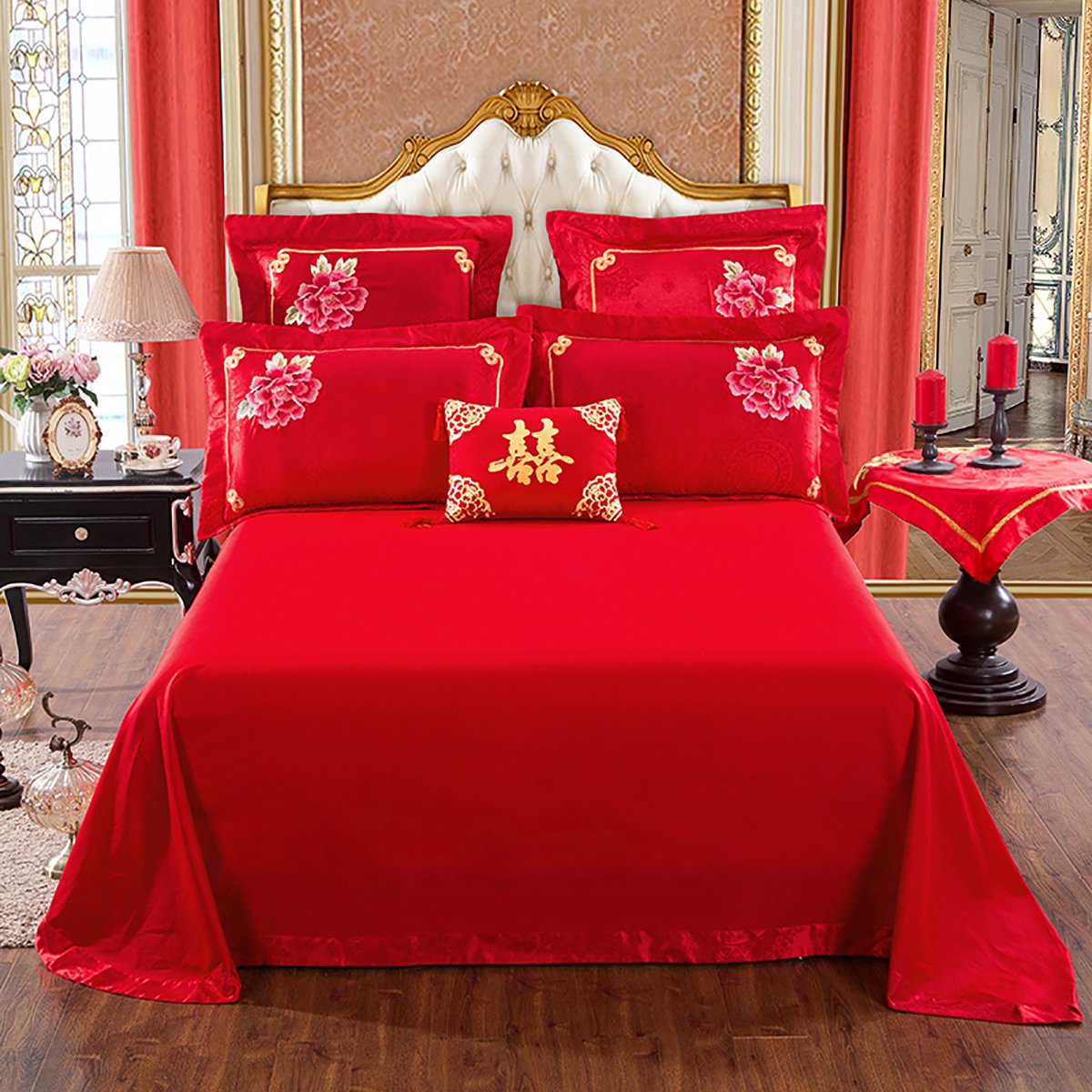 全棉刺绣新婚床品40支纯棉结婚四六件套纯棉绣花新婚结婚床上用品套件