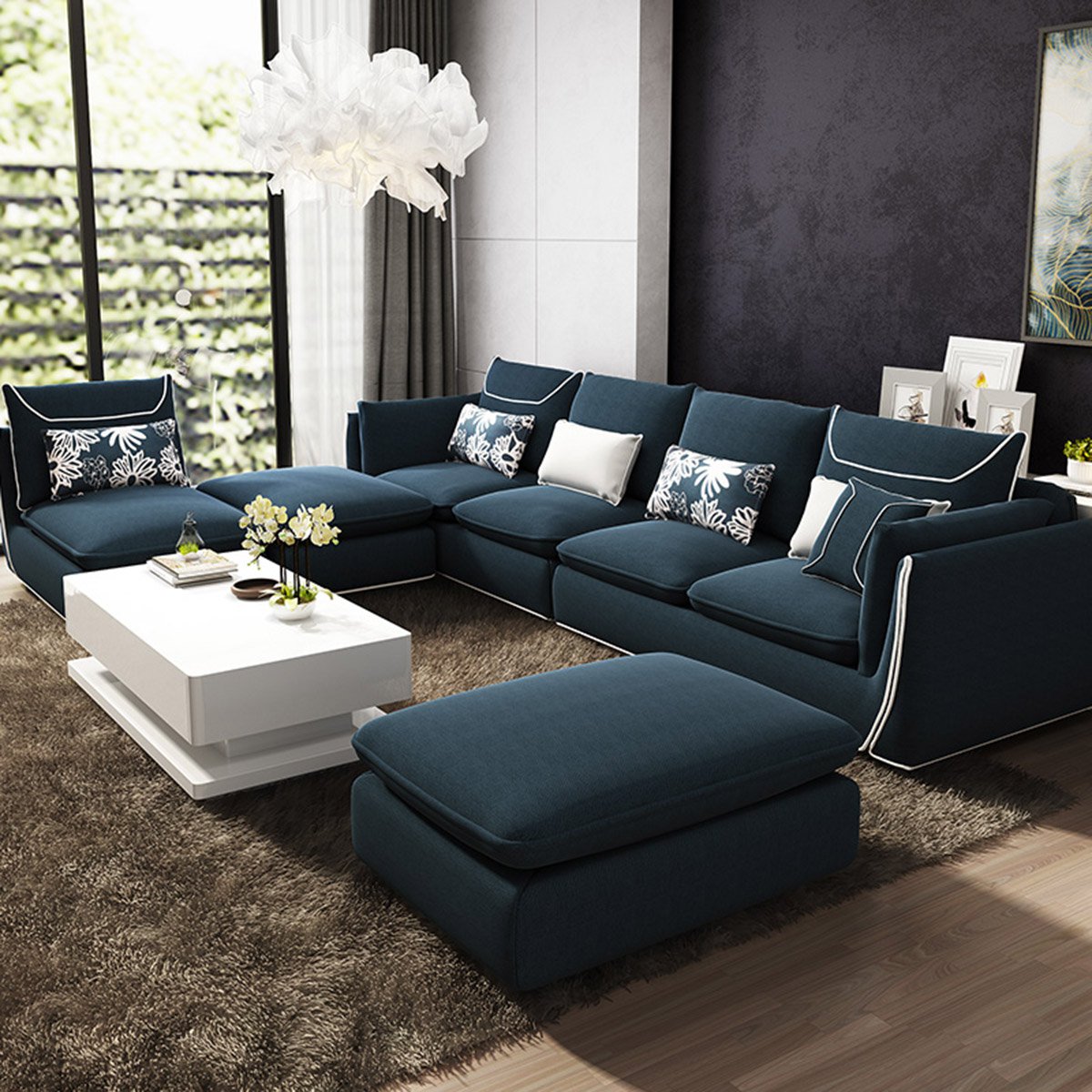 北欧布艺沙发深蓝色撞色设计师简约现代可拆洗客厅组合套装
