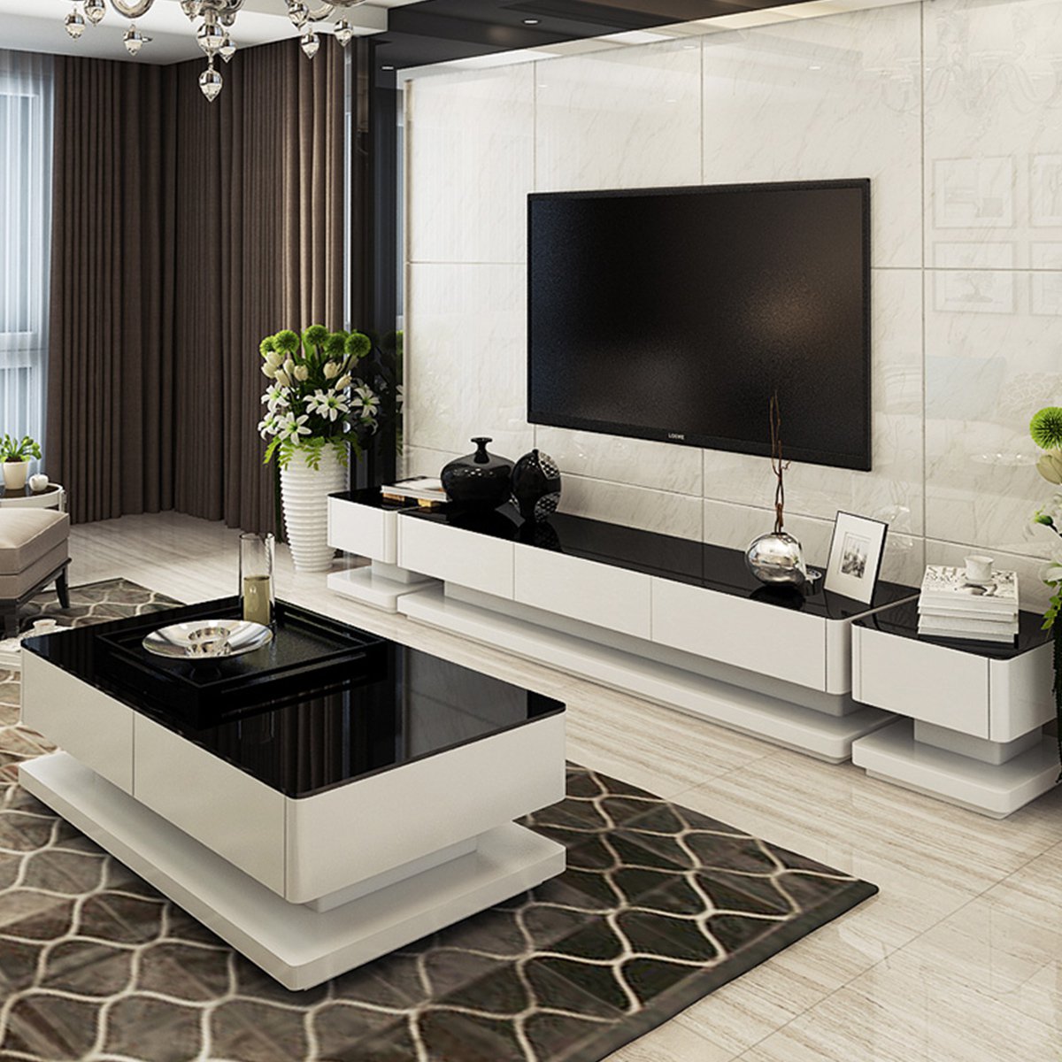 简约现代新款独特钢琴烤漆客厅电视柜茶几组合创意吊柜边桌茶几套组中
