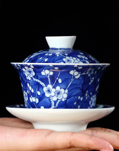 泓器 薄胎青花冰梅盖碗大号陶瓷茶杯三才茶碗功夫茶具茶礼品