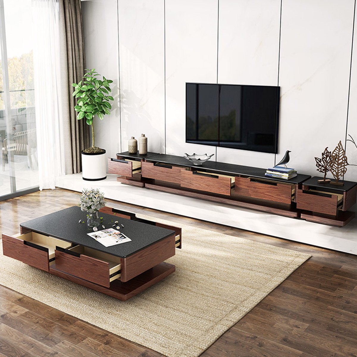 栖梓g105北欧火烧石电视柜 茶几组合家具套装 现代简约客厅大理石电视