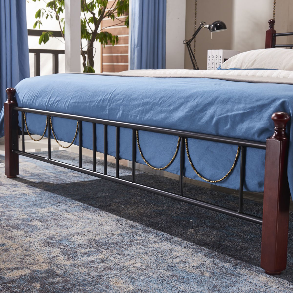 眠贝 铁艺床 钢木床 实木床腿 铁床 铁架床 双人床 防锈款 实木腿