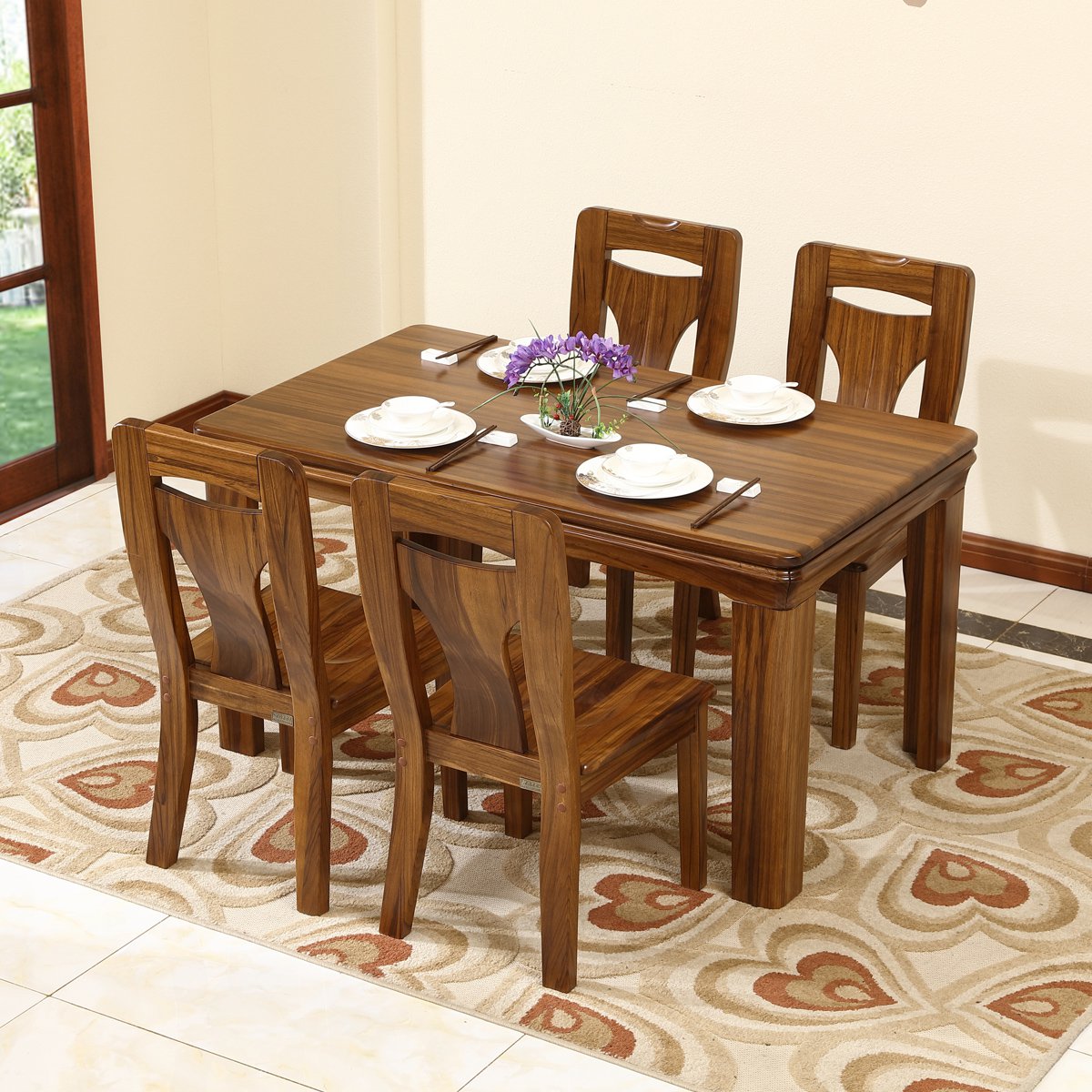 简约新中式风格家具乌金木餐厅长方形饭桌组合一桌四椅全实木一桌六椅