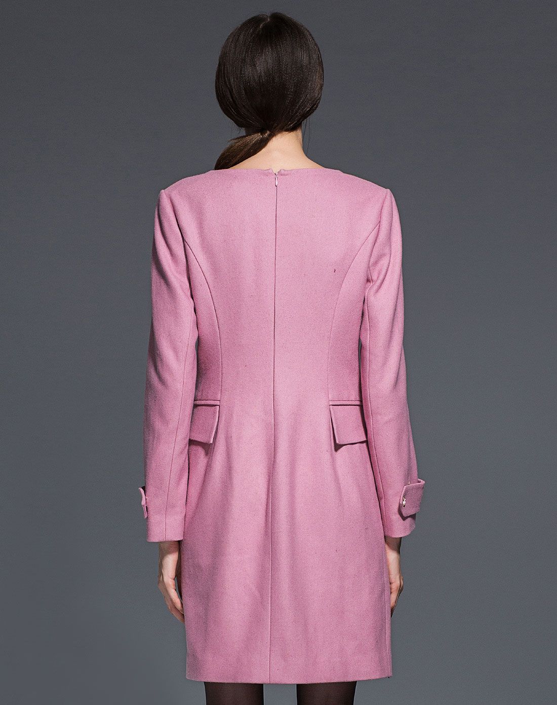 暗粉色长袖优雅简约v领连衣裙