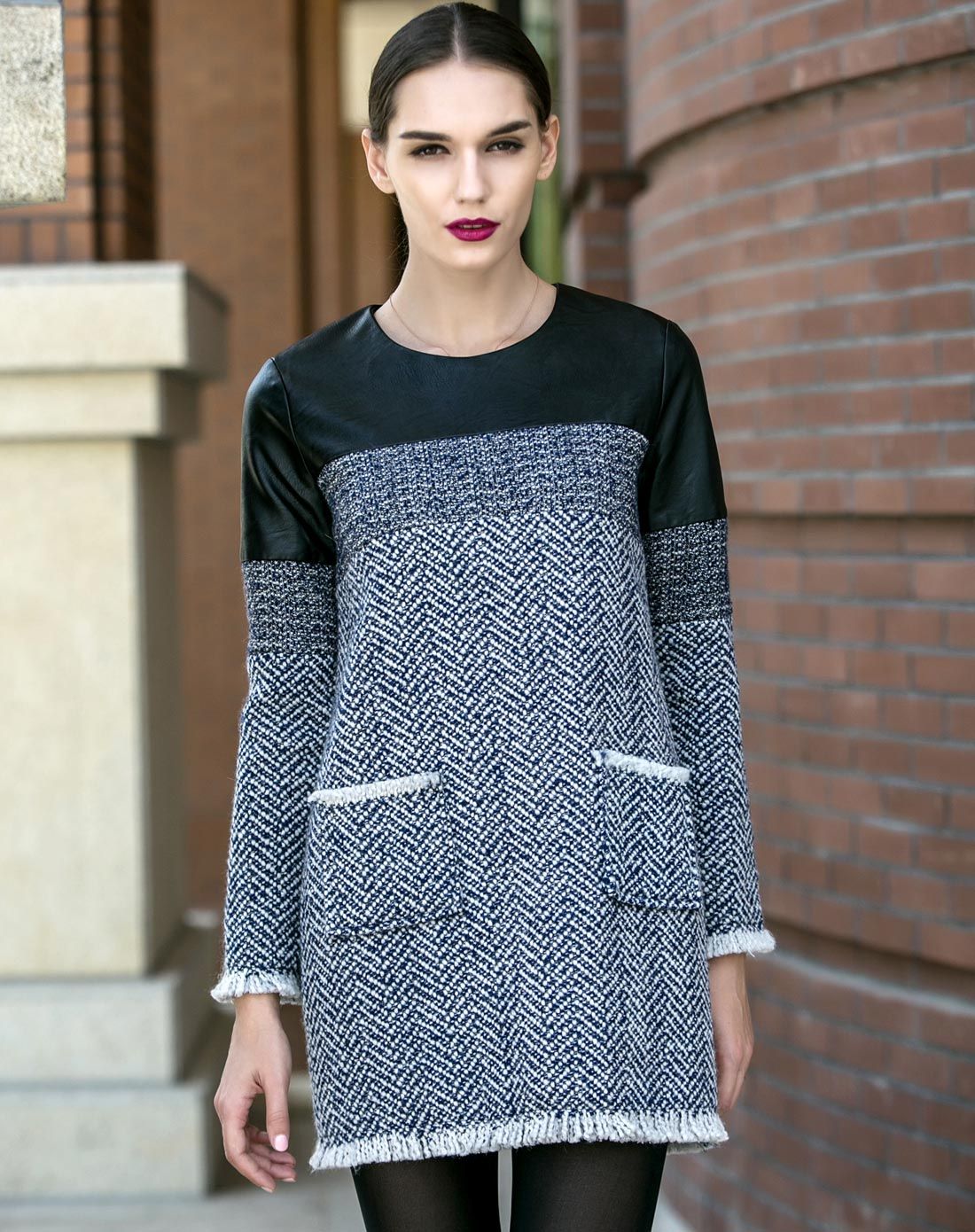 尼班诗nibbuns女装专场 > 深蓝色长袖时尚拼接连衣裙