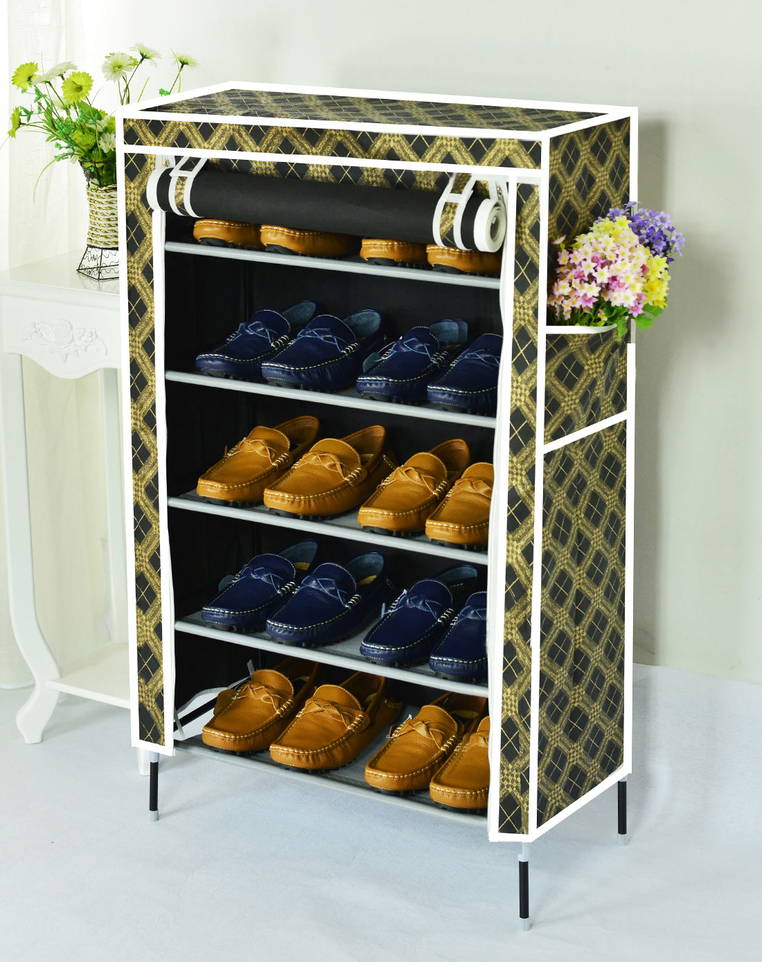 6层收纳储物简易布鞋柜-格子黑