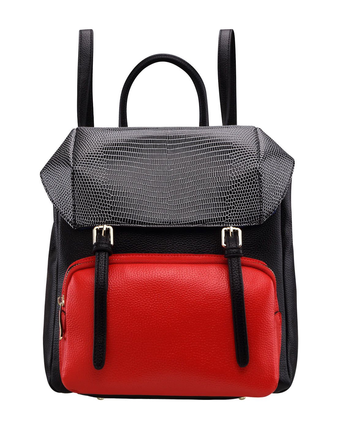 黑红撞色时尚鳄鱼纹拼接休闲双肩背包