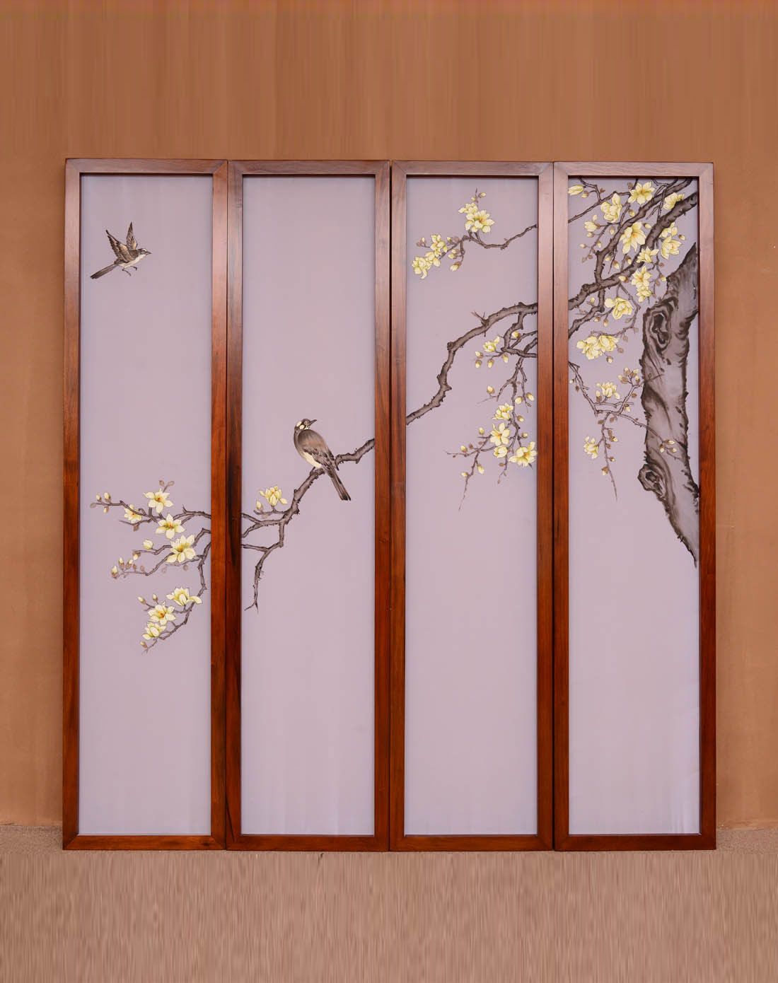 金丝柚木实木框-手绘纱面花鸟屏风