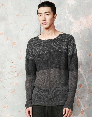 男深灰蓝层次感长袖针织衫