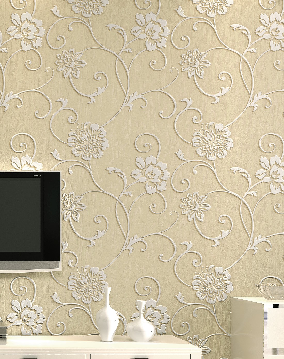 象牙色立体浮雕3d欧式简约风格壁纸