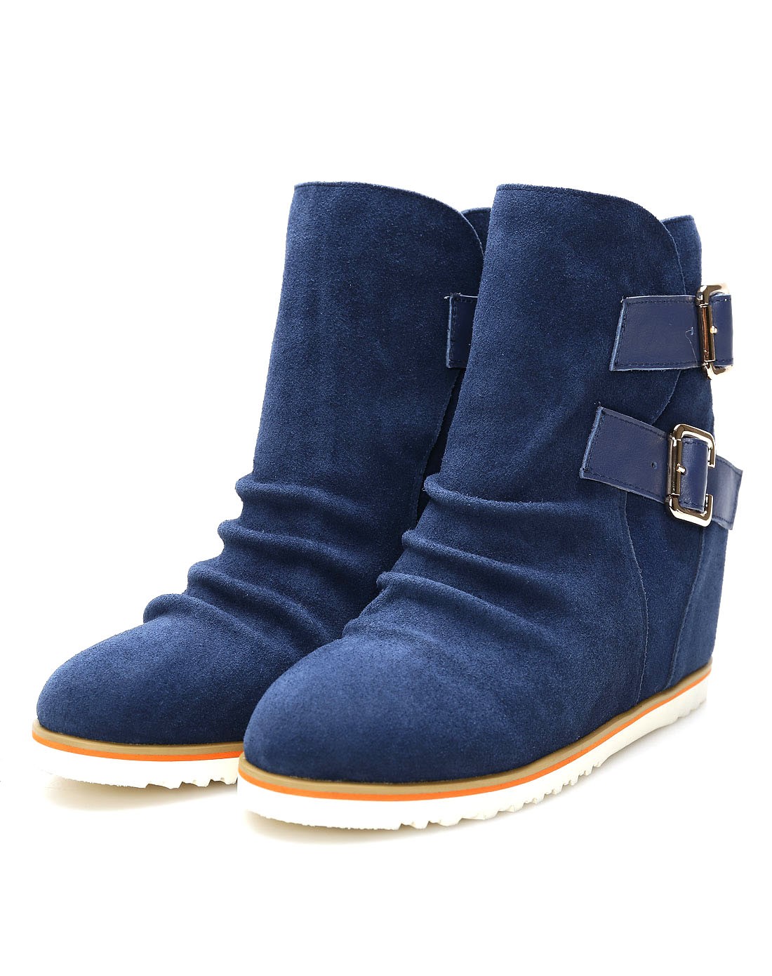 蓝色牛京休闲深口圆头内增高短靴