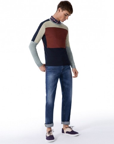 卡宾cabbeen lifestyle男装移动端专场枣红色罗纹圆领撞色长袖针织衫