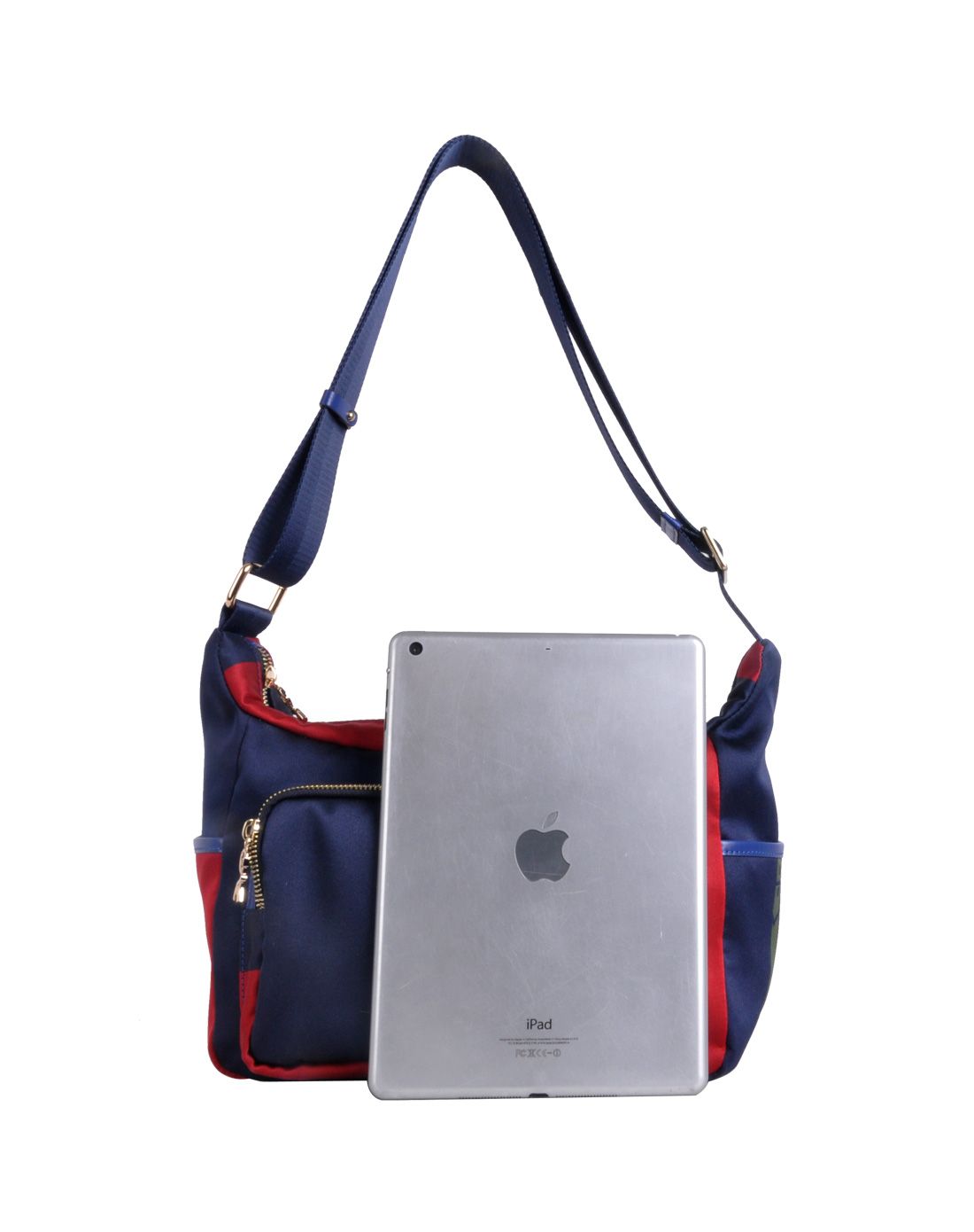 红绿蓝三色皮带条扣图案尼龙布料斜挎包