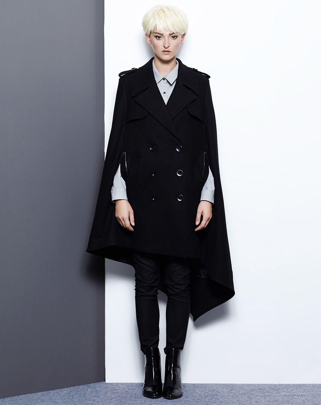 黑色新款斗篷羊毛混纺西装领中长毛呢外套