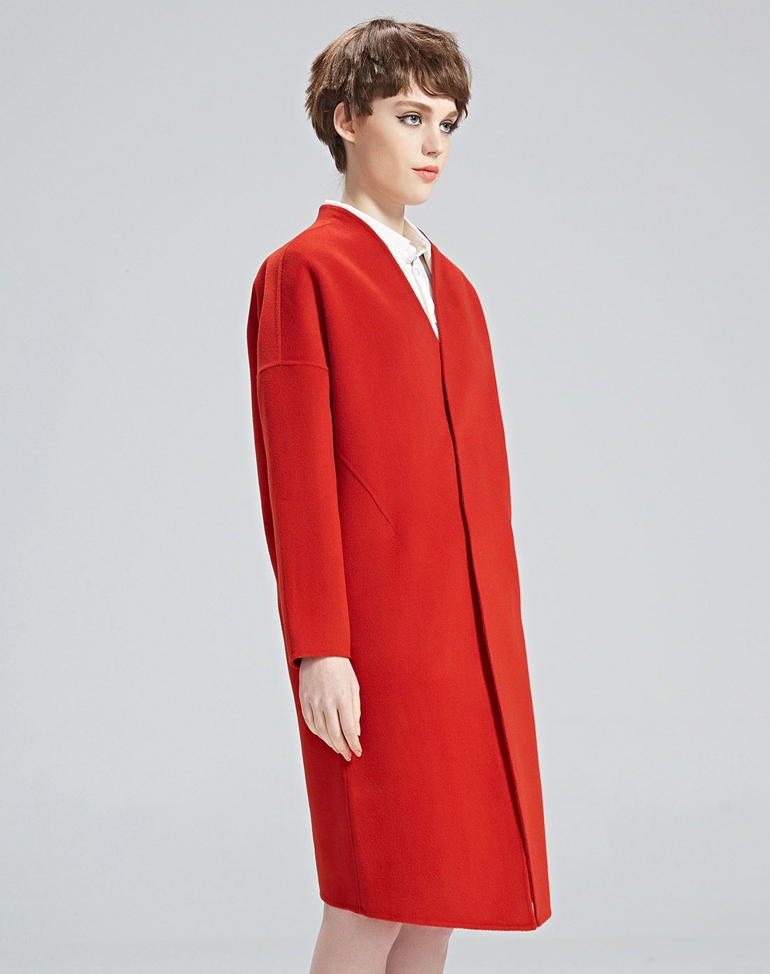 纽妃诗金酒红无领茧型双面呢大衣k784015721_唯品会