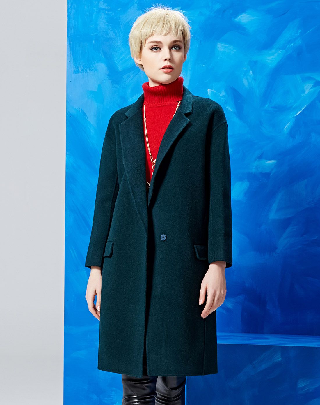 孔雀绿翻驳领双面呢中长款厚大衣