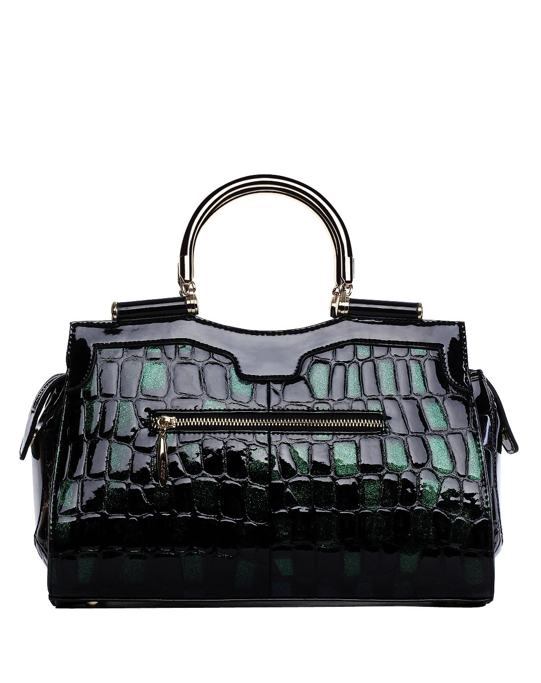 女士黑绿色牛皮变色石头纹手提包